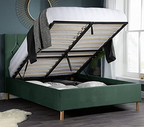 happybeds Ottoman Storage Bed, Loxley Velvet Fabric Ottoman Storage Modern Bed (4FT6 - Frame Only, Green)