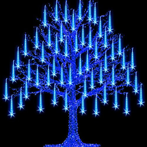 Grandisk 2 Pack Meteor Lights LED Meteor Shower Lights with 8 Tubes 288 LEDs Falling Rain Drop String Lights Waterproof Icicle Snow Fall String Lights for Christmas Tree(Blue, 2)