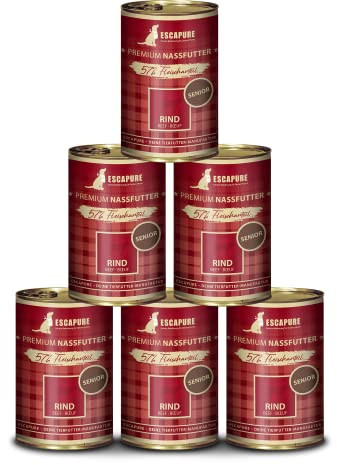 Escapure Senior Nassfutter Rind 6 x 400g Dose - 57% pures Rindfleisch Hundefutter - Dosenfutter Rindermenü ohne Zusatzstoffe - Ergänzungsfuttermittel für ältere Hunde frei von Getreide