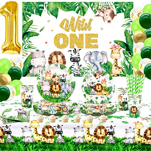 LSJDEER Wild One Birthday Decorations Supplies - Safari Jungle First Birthday Decorations - Plates, Napkins, Tablecloths, Straws, Cups, Cake Topper, Balloons, Animal Backdrop for 1st - Serves 20