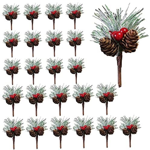 24 Piezas Picks De Pino Artificial, Pequeñas Ramas Rojas Artificiales Ramas Acebo Bayas De Navidad Tallos De Piñones De Faux Ramillas De Spray De Bayas para Coronas Navideñas Y Decoraciones
