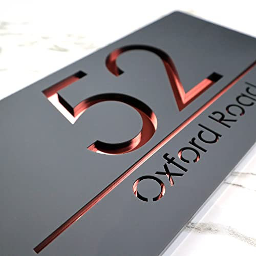 K Smart Sign | Bellisima H3 F31 | Matt Dark Gray Personalised House Sign Laser Cut 3d Door Numbers Street Address Grey Number Signs Plaque | 300mm x 160mm (Matt Dark Gray & Rose Gold Mirror)