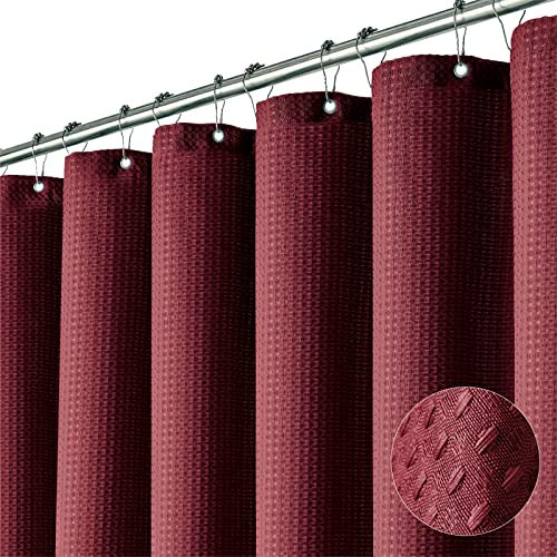 Dynamene Rideau de douche long en tissu gaufré lesté pour salle de bain, rideau de douche de luxe avec 12 crochets en plastique, 183 x 198 cm, bordeaux