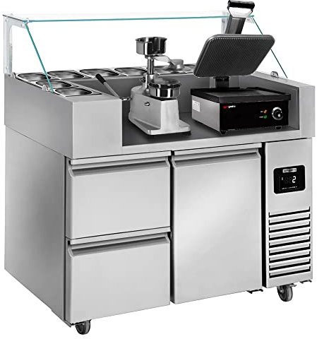 GGM Gastro | ZBF127DN#KGJ13#HM#SBF | Zubereitungstisch - 1210mm - 1 Tür & 2 Schubladen - für 9x GN 1/6 - inkl. Kontaktgrill & Hamburgermaschine