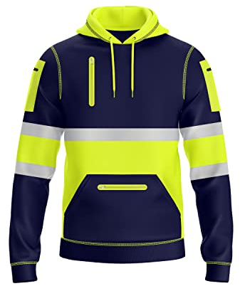 NOROZE Pull à Capuche Haute visibilité pour Homme avec Bande réfléchissante - Manteau de sécurité Haute visibilité avec 4 Poches zippées pour téléphone et Gadgets (S, Style 2: Vert Fluo/Marine)