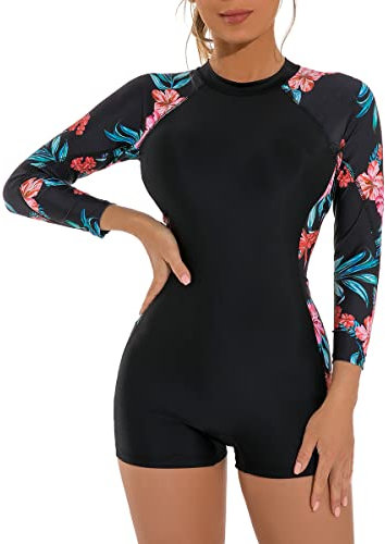 Women's Long Sleeve One-Piece Swimsuit with Tropical Floral Print, Zipper Front Padded Push Up Slim Fit Rash Guard Bathing Suit Beachwear Swimwear Unitard Legsuit Swimming Costume Red Flower M