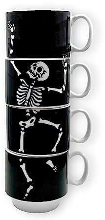 MIJOMA Lot de 4 tasses à café en porcelaine noir et blanc - Capacité : 200 ml - Empilables - Décoration d'Halloween effrayante - Peu encombrante - Hauteur de la tour : 24 cm - Diamètre : 8 cm - Cadeau