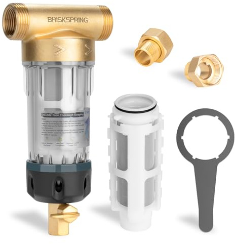 BriskSpring 40 Mikron Spin Down Sediment-Wasserfilter mit Schaber, wiederverwendbares, spülbares Wasserfiltersystem für Stadt-/Brunnenwasser, 2,5 cm MNPT + 1,9 cm FNPT + 3/4 MNPT, BPA-frei