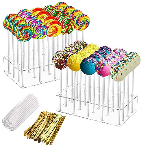 OdiuK 2 Stück Cake Pop Ständer Acryl Popcake Halterung mit 100 Cake Pop Stiele & 100 Twist Krawatten 20 Löcher Lollipop Halter Ständer, Cake Pop Halter für Süßigkeiten Halloween Geburtstag