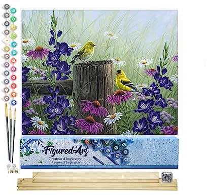 Figured'Art Peinture par Numéro Adulte Couple de chardonneret - Activité Manuelle Kit de Loisir Créatif DIY Numéro d'Art Complet - 40x50cm avec châssis en bois à monter