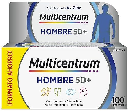 Multicentrum Hombre 50+ Complemento Alimenticio Multivitamínico y Multimineral Para Hombres 50+, Con Vitamina C, B, A, Sin Gluten, 100 Comprimidos