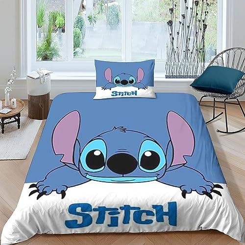 LENTLY Stitch 3 Teilig Bettwäsche Set 3D Microfaser Bettbezüge Und Kissenbezug Cartoon Bettbezug Set Mit Reißverschluss for Children Boys Girls Single(135x200cm)