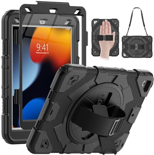 SEYMAC Hülle für iPad 9./8./7. Generation 10,2 Zoll 2021/2020/2019, Stoßfeste iPad 9 Generation Hülle mit Displayschutz, 360° Drehbare Ständer/Handschlaufe, Schultergurt, Stifthalter, Schwarz