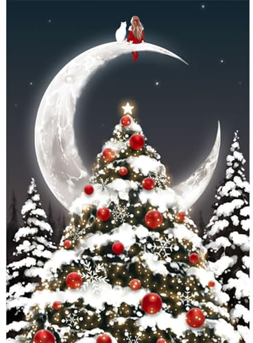 RICUVED 5D Weihnachtsbaum Diamond Painting Mond Set,DIY Diamant Painting Weihnachten Bilder mit Zubehör Diamond Painting Set,Full Drill Diamant Malerei Kits als Geschenk und Home Wand Dekor (30x40cm)