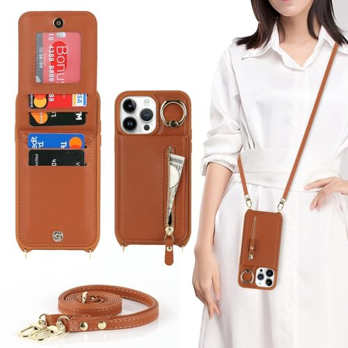 Zouzt for iPhone 14 Pro Max Case with Cord and Card Holde, Zipper Wallet Case with Crossbody Lanyard Ring Adjustable Necklace Protective Cover Women for iPhone 14 Pro Max 6.7 Inch - Brown