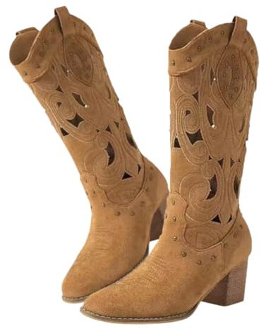 Minetom Stivali Donna Camoscio Stivali Western Traforati Cowboy Biker Stivali Alti A Punta Stivaletti Lunghi con Tacco A Blocco A Marrone 37 EU