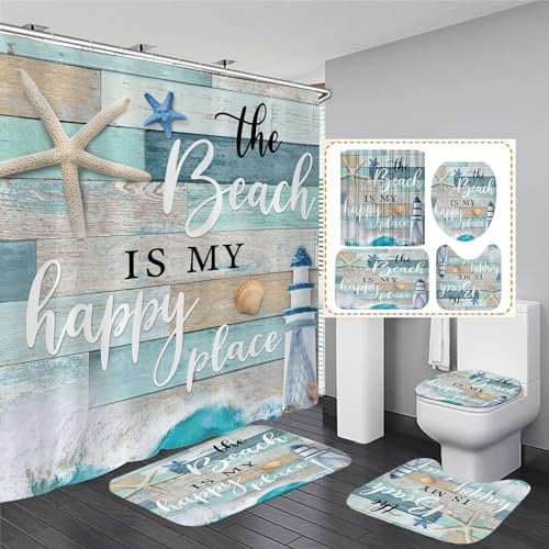 Chrainy 4Pcs Nautical Ocean Shower Curtain Sets Sea Wooden Bathroom Set Decor with Non-Slip Rugs Bath U-Shaped Mat Toilet Lid Cover Starfish Lighthouse Bathroom Curtain Shower Set with 12 Hooks