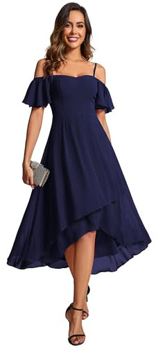 Ever-Pretty Women's Off Shoulder Short Sleeves Pleated A-Line Women's Dresses for Wedding Guest Dark Blue 12UK