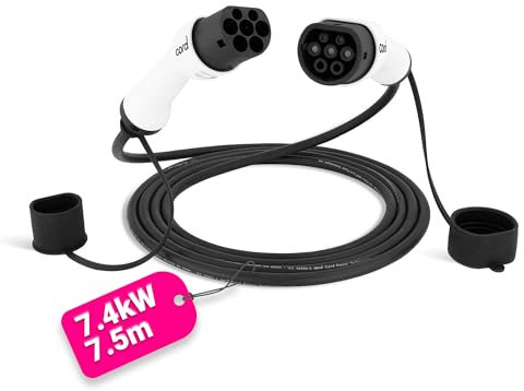 Cord Type 2 to Type 2 EV Charging Cable, 32amp, 7.4kW, 7.5 Metre, Single Phase, Black & White