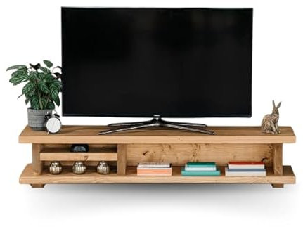 BLU Coast Canada Solid Wood Tv Unit with Open Shelving, Low Natural Wood Rustic Media Cabinet, Storage for Sound Bars, Gaming Consoles and Home Electronics 120lx40Dx33H – Dark Oak