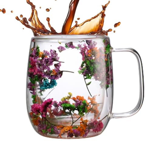 Taza de café, tazas de vidrio de doble pared | Taza de cristal de café con flores secas | Taza de secada resistente al calor de la pared del doble de la flor para las bebidas frías,