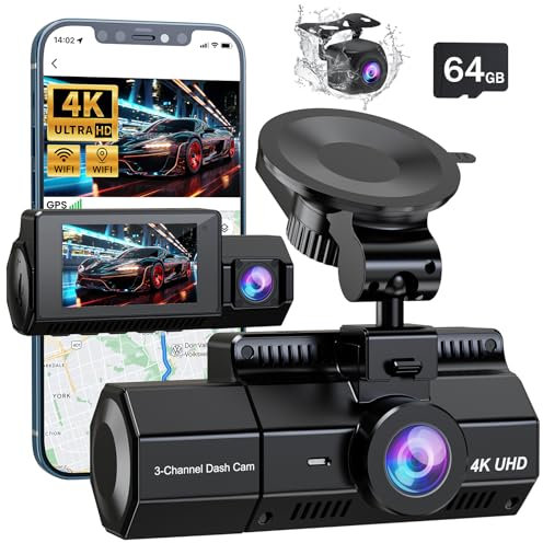 4K Dash Cam, 3 Channel Dash Cam 4K Front & 1080P Rear and Inside Car Camera Built in GPS WiFi with Free 64GB SD Card, 3” IPS Screen Car Camera with 24H Parking Monitor, Night Vision,170°Wide Angle,WDR