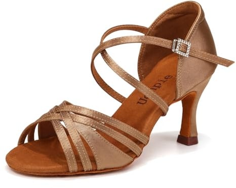Uonpie Scarpe da Ballo Latino Americano per Donne Punta Aperta Tacco 7.5 cm,Beige,40EU
