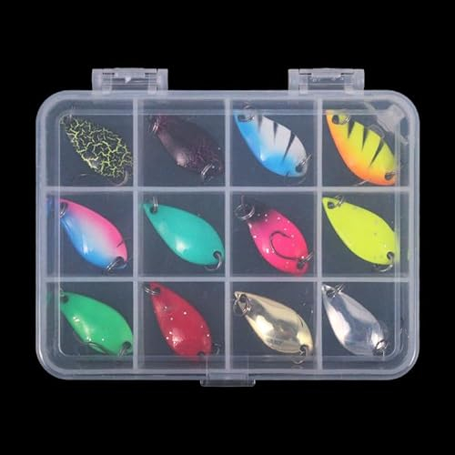 HOTUT Leurres De Pêche Cuillère, 12 pièces Cuillères à Truite, Cuillers de Pêche avec Boîte, Cuillère pour Peche Truite Kit Hameçon Simple pour Brochet, Sandre, Perche pour Eau Douce et en Mer