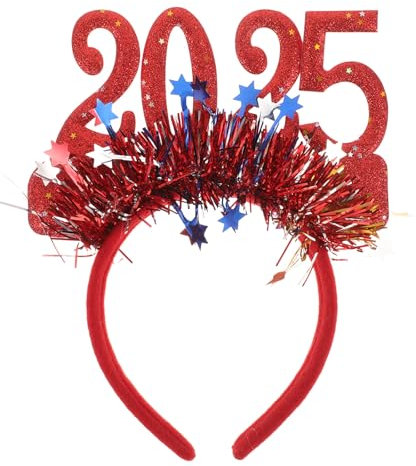Amosfun 2025 Frohes Neues Jahr Stirnband Tiara Glitzer Stern Pailletten Stirnband Haarreifen Kopfschmuck Für Silvester Partydekorationen Rot Happy New Year Kopfschmuck für Silvester Party Zubehör
