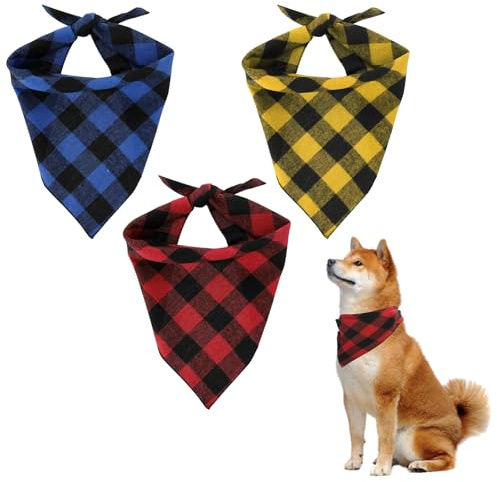 Dimeho Hunde Bandana, 3 Stück Kopftücher Hundehalstuch Dreieckstuch Klassisches Kariertes aus Baumwolle Weicher Haustierschal Verstellbares Rot-Gelb-Blau Hundehalstuch für Mittelgroße Große Hunde (L)