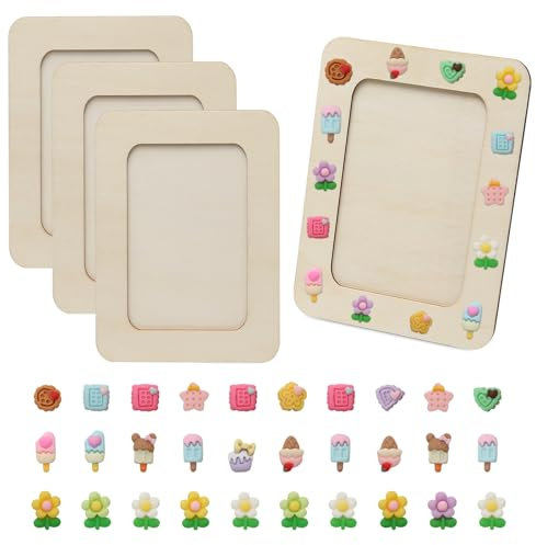 4Pcs Wooden DIY Photo Frame, Natural Unfinished Wooden Picture Frames with Resin Charms, Stand Craft Photo Frame for Handmade, Painting and Decoration Making, 14 x 19 cm