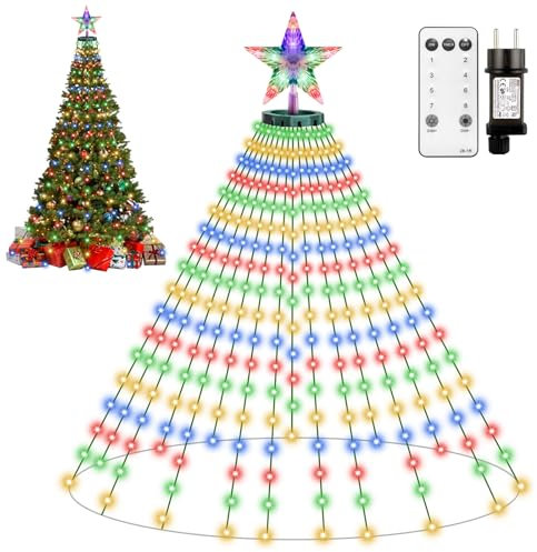 HELESIN Luci dell'albero di Natale con Stella Topper, 410 luci di Natale a LED con funzione timer e 8 modalità, 2M × 16 Strisce Luminose con telecomando per la decorazione natalizia interna