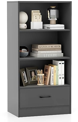 KOMFOTTEU 4 Ebenen Bücherregal, Standregal aus Holz, Bücherschrank mit 1 Schublade, Regal für Büro Wohnzimmer Küche, 60 x 38 x 120 cm (Grau)