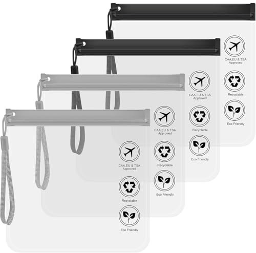 4 Stück Transparent Kulturtasche mit Lanyard,auslaufsichere Flughafensicherheit Zugelassene Flüssigkeitsbeutel,1 Liter Beutel Flugzeug Kulturbeutel,für Damen & Herren,Grau+Schwarz