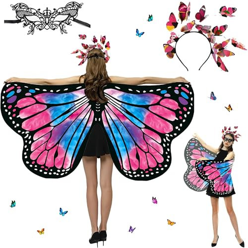 Sundonix Fasching Schmetterling Umhang für Damen - Farbenfrohes Karneval Kostüm Damen, Ideal für Karneval, Fasching und Cosplay(Polyester, Einfachseitige Druck, Eine blaue rose)