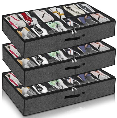DAJAVE 3 Stück Unterbett-Kommode für Schuhe Aufbewahrung mit Durchsichtigem Deckel, Schuh Aufbewahrungssysteme mit 36 Fächern, Unterbett Schuh Organisierer Aufbewahrungsbox Schublade