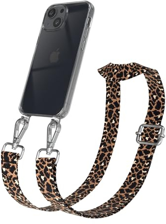 EAZY CASE Handykette - Verstellbares Taschenband kompatibel mit iPhone 13 Mini, Schulterriemen, Handykordel mit Silikon Hülle, Umhängetasche, Leo - Schwarz Braun Silber