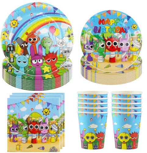 Hmfmdy Juego de Vajilla para Fiesta de Dibujos Animados, 50 Piezas Decoración para Fiesta con Estampado, Vajilla de Cumpleaños con Platos, Vasos Servilletas Papel 10 Invitados