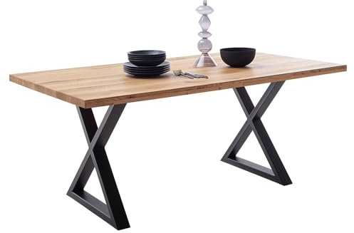 Lomadox Esszimmer Massivholz-Esstisch Tisch 220x100 cm in Wildeiche massiv geölt mit X-Gestell und gerader Kante, Echtholz
