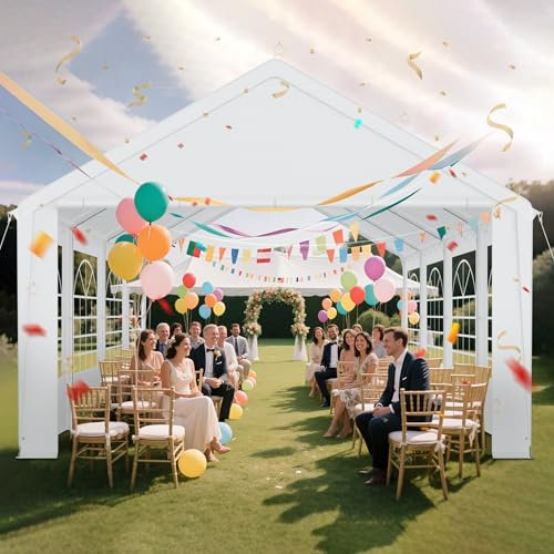 LZQ Pavillon 4x8 Meter mit Dachplane aus 170g/m² PE & Seitenteilen mit Fenster, Gartenzelt Partyzelt 4x8 m aus Verzinktem Stahl,UV-Schutz, als Pergola oder Party Zelt, Luxus Hochzeitszelt Weiß