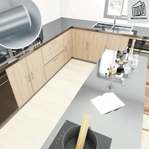 MEILLEVIE 60 * 500cm Thick 0.32mm Stainless Steel Self Adhesive Wallpaper Vinyl Wraps Waterproof Oil Resistant, Peel and Stick for Fridge Kitchen Worktops Appliances Splash backs (Light Grey Brushed)