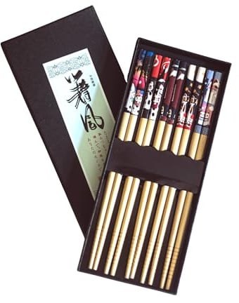 5 Pairs Fortune Cat Premium Bamboo Chopsticks Gift Set - Japanese Chinese Style Chopsticks with Elegant Gift Box for Noodles, Sushi, Asian Dining & Housewarming