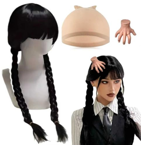 Perücken Schwarze für Halloween, Wednesday Perücke mit Family Hand Haarnadel, Addams Perücke für Damen, für Halloween Karneval Cosplay Party