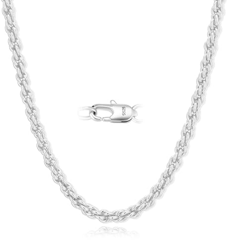 Cheria 925 Sterling Silver Chain for Mens, 4mm Silver Rope Mens Chain Necklace, Men Jewellery Gift for Man 20 Inch