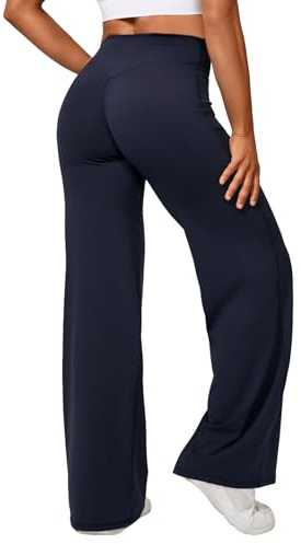 Odizli Yogahose Damen Lang High Waist Yoga Gym Sport Hose Pants Wide Leg Straight Leg Flared Scrunch Leggings Schlaghose Sporthose Sportleggings Jazzpants Gymnastikhose Tanzhose Dunkelblau XS
