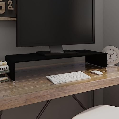 Hoopleep TV-Tisch/Bildschirmerhöhung aus gehärtetem Glas, Schwarz, 80x30x13 cm, Monitorständer für Wohnzimmer, Schreibtisch-Organisation, verbesserte Sicht und Nackenentlastung