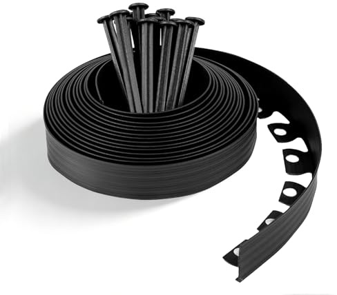 LUMITERRA Bordure de Jardin en Plastique 10m avec 30 Piquets d'ancrage Bordurette de Pelouse Flexible Bordure de Gazon avec Piquets Solides Idée de Jardin, Facile à Installer, Hauteur 50mm, Noir