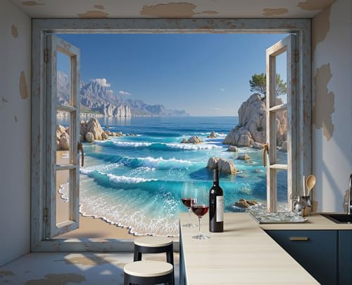 Fototapete 3D Effekt Wandbilder Türkis Strand Fensterblick Wandtapete, Motivtapeten Wandverkleidung Für Schlafzimmer Wohnzimmer 3D-Optik Tapete Wand Dekoration 200X140Cm