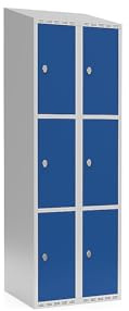 kaiserkraft | 3er-Schließfachschrank Fydor | 2 Abteile | lichtGrau/Enzianblau | B 600 mm | schräge Dachform | Vorhängeschloss