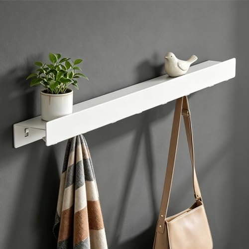 Mai & Mai Wandgarderobe mit Ablage und 8 Haken, Garderobenleiste 80cm | Hakenleiste mit versteckten Kleiderhaken, Garderobenhaken für Bad Küche Flur Schlafzimmer, Sandweiß Stalo-11